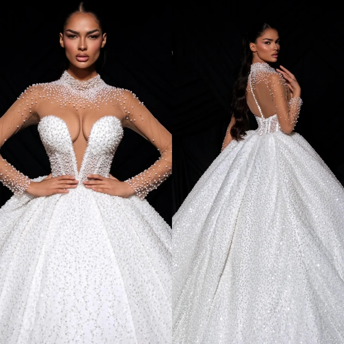 Graceful Wedding Dresses Pearls High Neck Bridal Ball Gowns Sheer Long Sleeves Beading Long Sleeves Customized Vestidos De Novia
Graceful Wedding Dresses Pearls High Neck Bridal Ball Gowns Sheer Long Sleeves Beading Long Sleeves Customized Vestidos De Novia