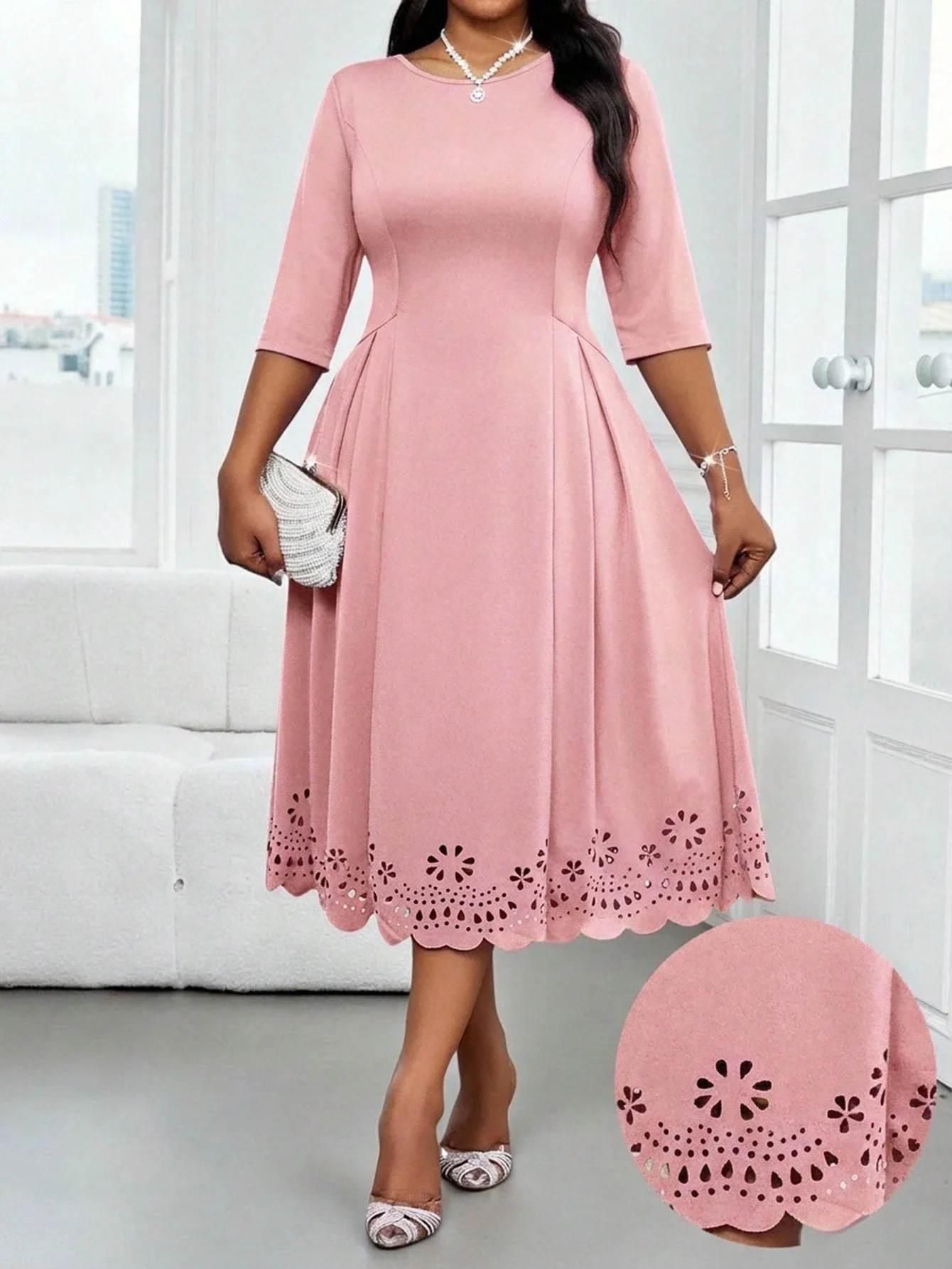 Pink Plus Size A-Line Midi Dress With Floral Cutout Hem For Wedding Guest Or Elegant Occasion
Pink Plus Size A-Line Midi Dress With Floral Cutout Hem For Wedding Guest Or Elegant Occasion