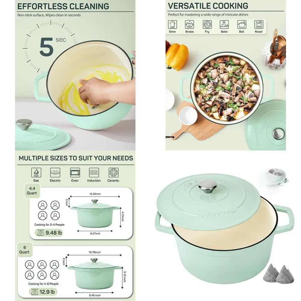 Enameled Cast Iron Dutch Oven, 6-Quart, Mint Green, Oven-Safe up to 500°F, Ideal for Bread Baking and Cooking, with Dual Handles
Enameled Cast Iron Dutch Oven, 6-Quart, Mint Green, Oven-Safe up to 500°F, Ideal for Bread Baking and Cooking, with Dual Handles