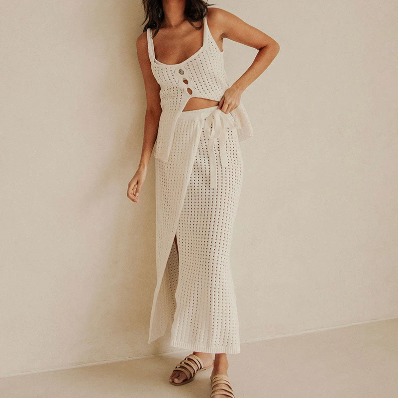 Spring Summer Casual Beach Style Outfits Fashion Suspender Hollow Out Tops&Bandage Skirts Sets Sexy See-through Holiday 2 Piece
Spring Summer Casual Beach Style Outfits Fashion Suspender Hollow Out Tops&Bandage Skirts Sets Sexy See-through Holiday 2 Piece