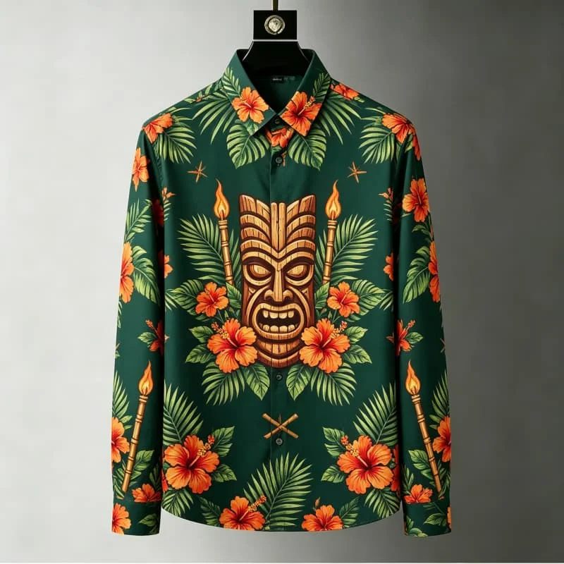 Hawaiian Tiki totem printed vacation long sleeved shirt, for summer parties and eye-catching tropical vacation styles
Hawaiian Tiki totem printed vacation long sleeved shirt, for summer parties and eye-catching tropical vacation styles