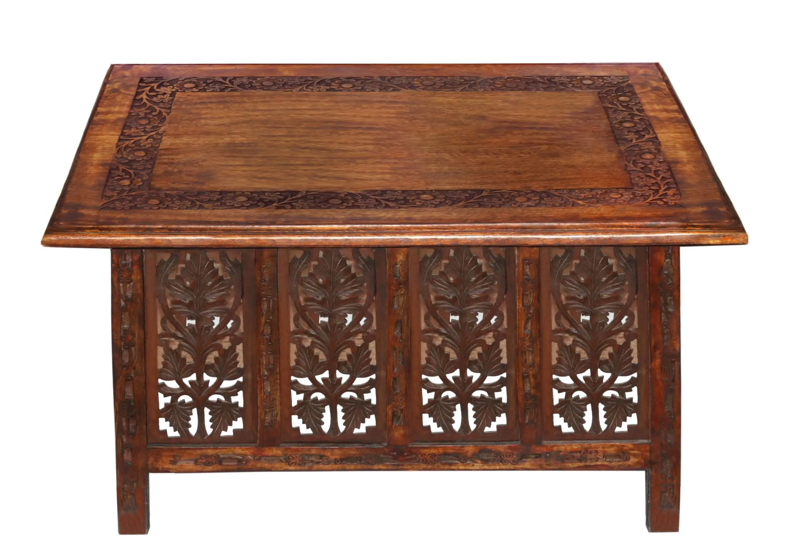 Hand Carved Solid Mango Wood Coffee Table With Foldable Legs Antique Brown Finish
Hand Carved Solid Mango Wood Coffee Table With Foldable Legs Antique Brown Finish