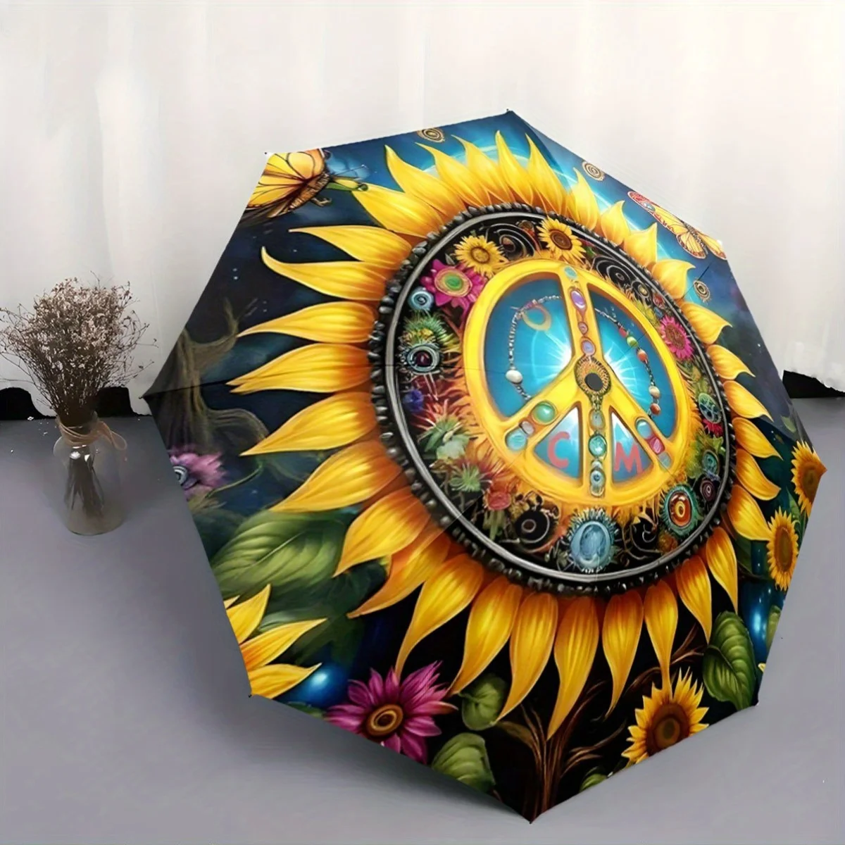 Automatic Open/Close Umbrella with Peace Symbol - Sunflower Floral pattern in Yellow, Green, Blue, Red, - Compact Folding Cano
Automatic Open/Close Umbrella with Peace Symbol - Sunflower Floral pattern in Yellow, Green, Blue, Red, - Compact Folding Cano