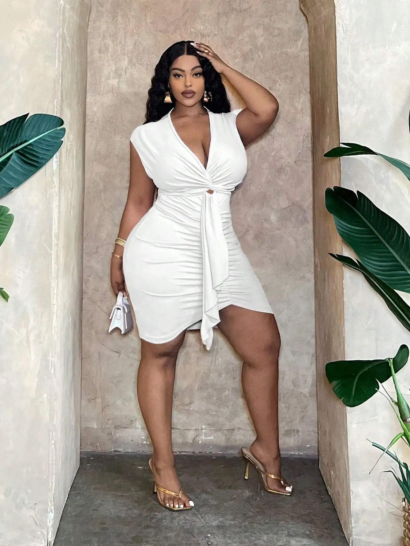 Plus Size Elegant Solid White Mini Dress With Front Twist Waist Tie For Women Spring Summer
Plus Size Elegant Solid White Mini Dress With Front Twist Waist Tie For Women Spring Summer