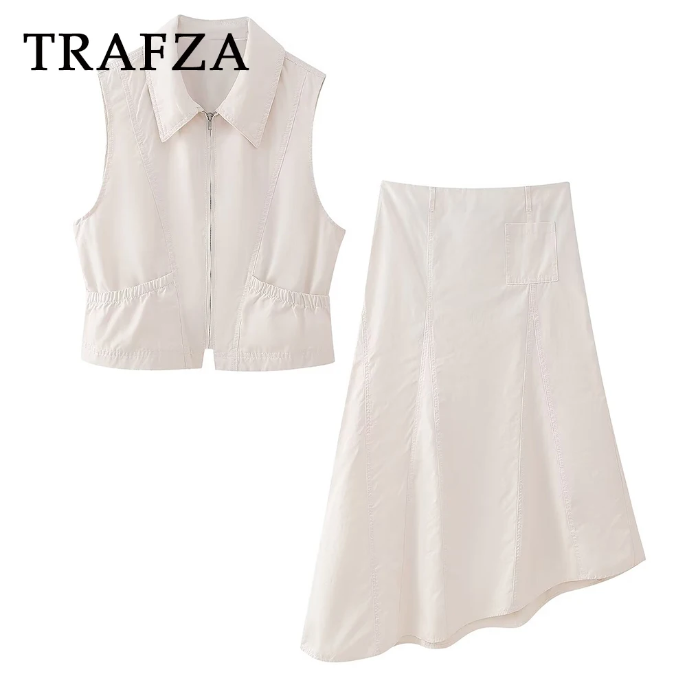 TRAFZA Chic 2025 Solid Casual Woman Suit Turn-down Short Vest+Zipper Asymmetric Pockets Long Skirt Vintage Streetwear Female Set
TRAFZA Chic 2025 Solid Casual Woman Suit Turn-down Short Vest+Zipper Asymmetric Pockets Long Skirt Vintage Streetwear Female Set