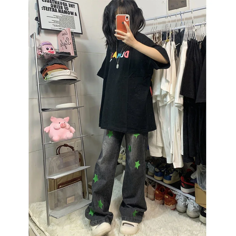 Женские джинсы с вышивкой в виде звезд, прямые, с высокой талией, длинные, в стиле стрит-стайл, цветные
Женские джинсы с вышивкой в виде звезд, прямые, с высокой талией, длинные, в стиле стрит-стайл, цветные