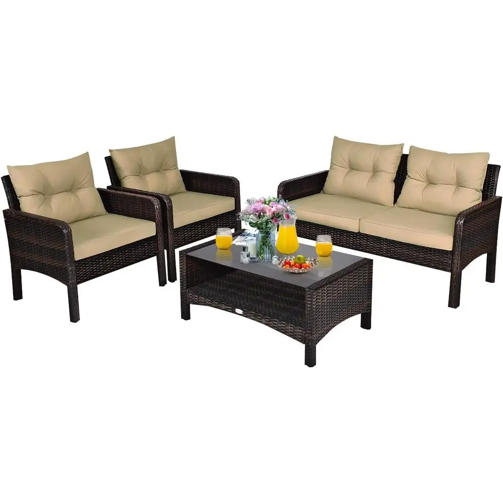 All-Weather 4-Piece Wicker Patio Furniture Set with Glass Top Coffee Table and Cushions for Porch, Garden, Poolside, and Lawn (B
All-Weather 4-Piece Wicker Patio Furniture Set with Glass Top Coffee Table and Cushions for Porch, Garden, Poolside, and Lawn (B