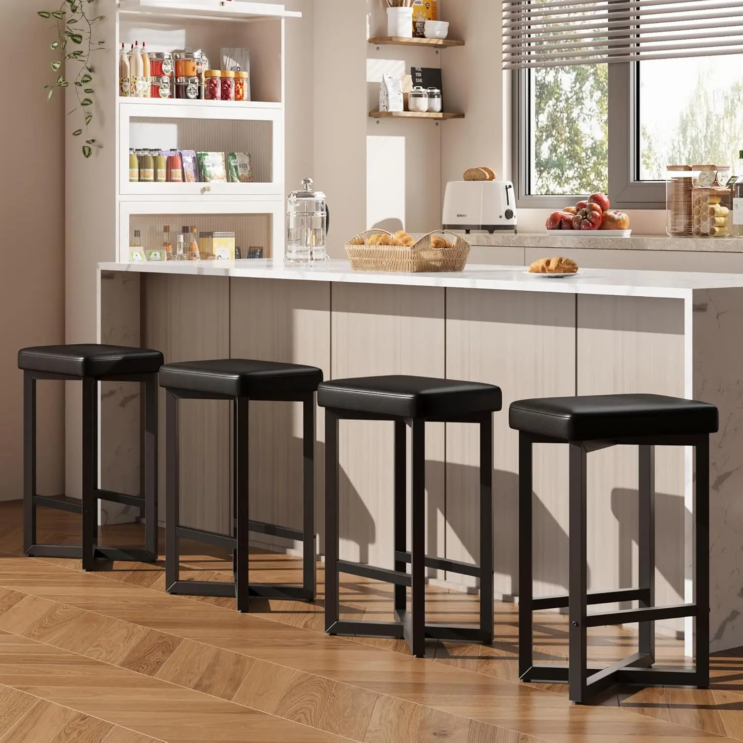Bar Stools Set of 4, 24.6" Counter Height Backless PU Leather Stools with Metal X-Frame & Footrest for Kitchen Island, Black
Bar Stools Set of 4, 24.6" Counter Height Backless PU Leather Stools with Metal X-Frame & Footrest for Kitchen Island, Black