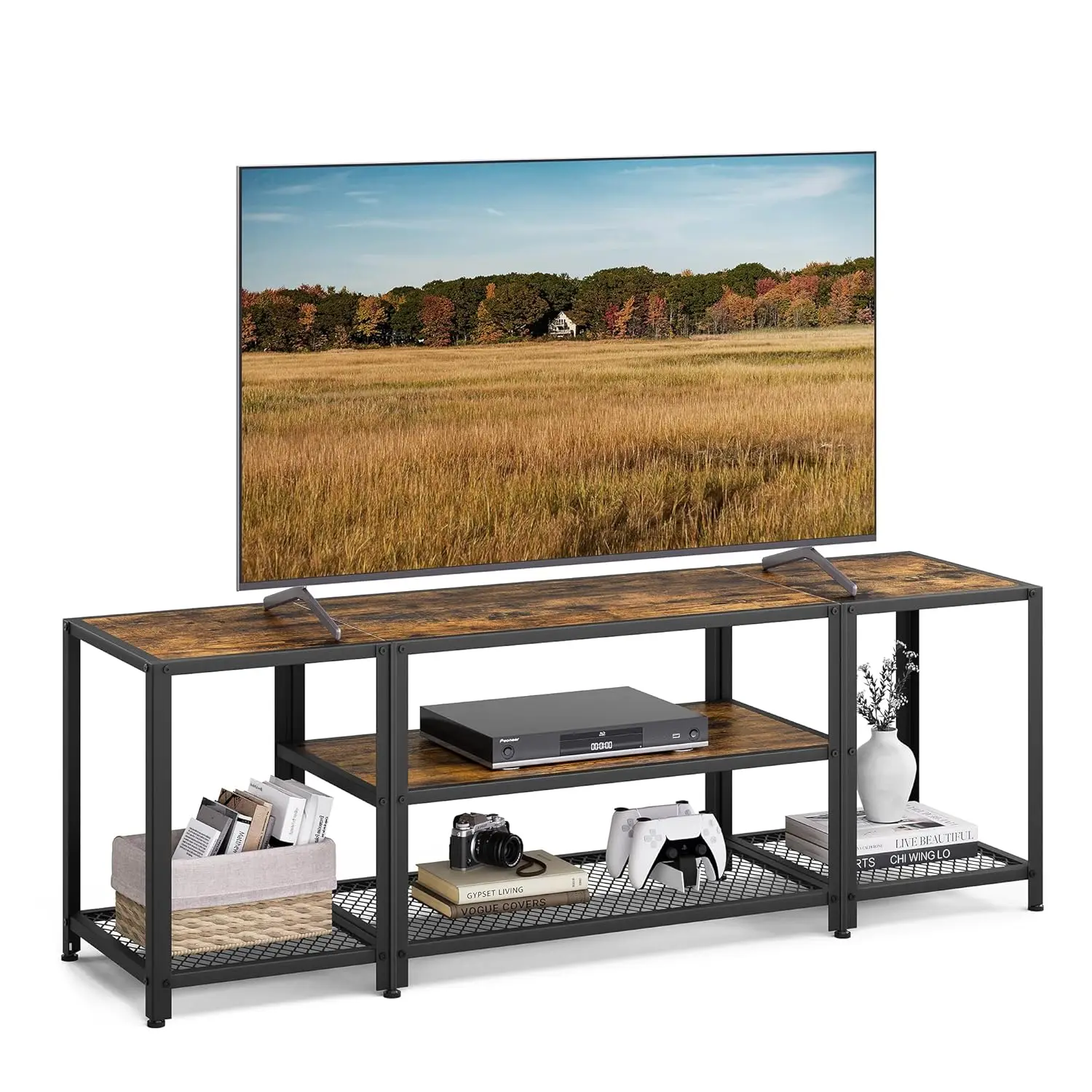 Modern TV Stand 3-Tier Entertainment Center Open Storage Industrial Living Room Bedroom Rustic Brown Black, Customized
Modern TV Stand 3-Tier Entertainment Center Open Storage Industrial Living Room Bedroom Rustic Brown Black, Customized