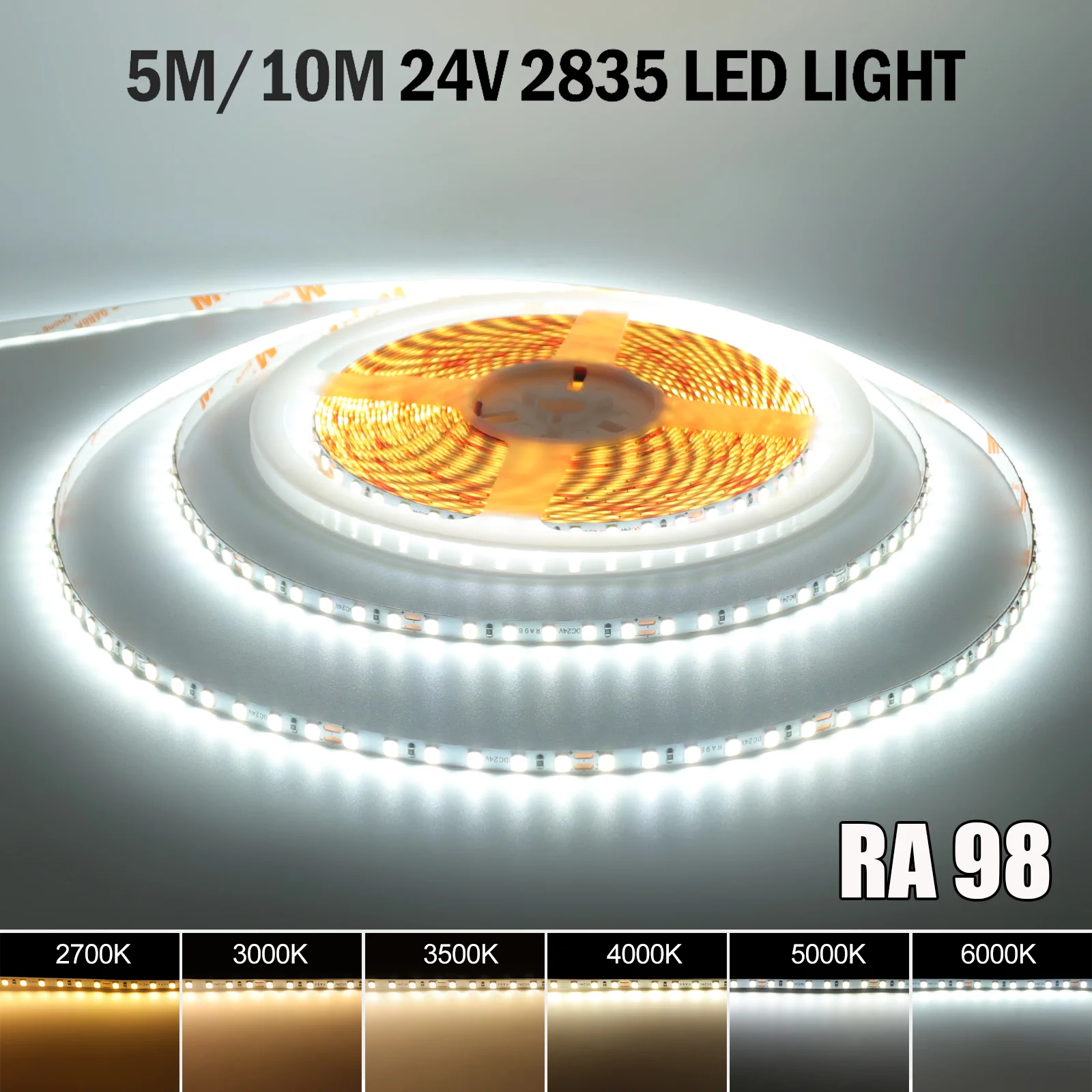 RA98 DC 24V 120Leds/M SMD 2835 LED Strip IP20 Full Spectrum 2700K 3000K 4000K 4500K 6000K 5M 10M/Roll Home Decor Light 
RA98 DC 24V 120Leds/M SMD 2835 LED Strip IP20 Full Spectrum 2700K 3000K 4000K 4500K 6000K 5M 10M/Roll Home Decor Light