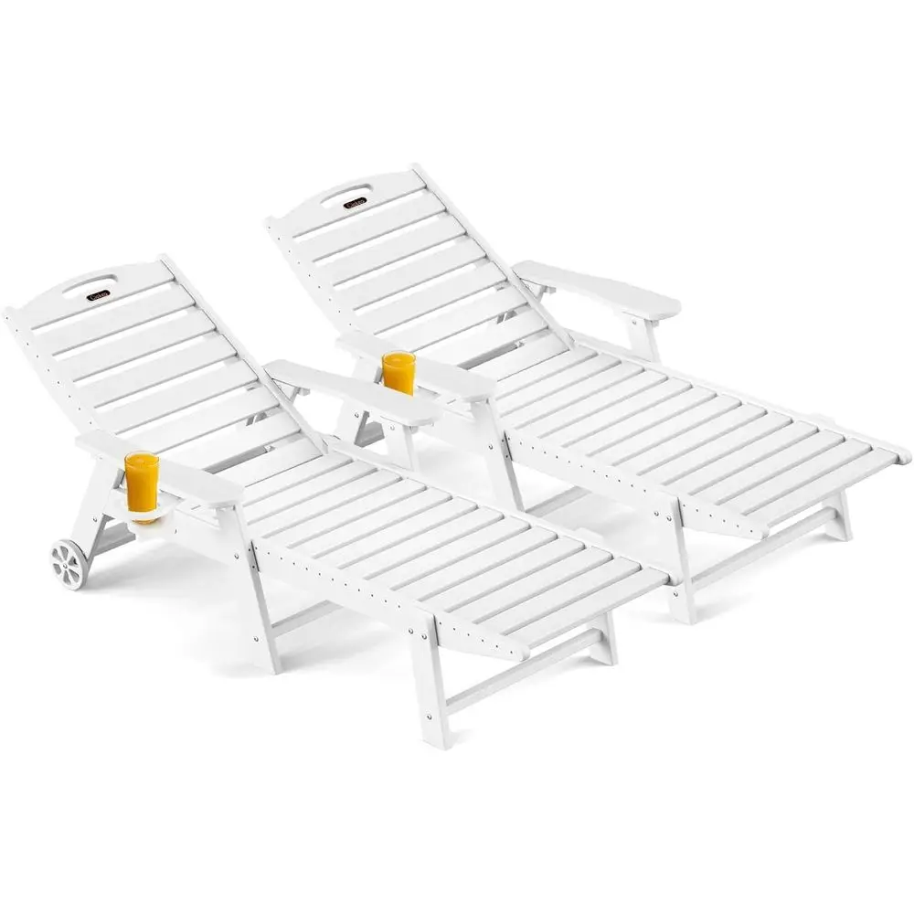 White Outdoor HDPE Patio Lounge Chairs with 5-Position Adjustment, Wheels, and Cup Holders
White Outdoor HDPE Patio Lounge Chairs with 5-Position Adjustment, Wheels, and Cup Holders