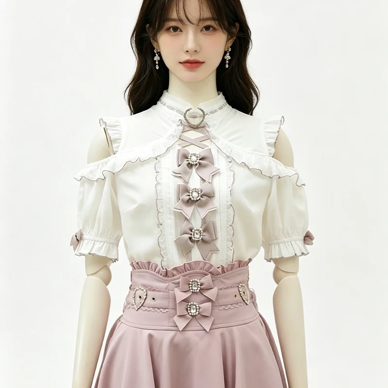 Victorian Sweet Lolita Outfit Set Off Shoulder Frilled Shirt with Crystal Bow + Pink Ruffle Waist Skirt Harajuku Coquette Gothic
Victorian Sweet Lolita Outfit Set Off Shoulder Frilled Shirt with Crystal Bow + Pink Ruffle Waist Skirt Harajuku Coquette Gothic