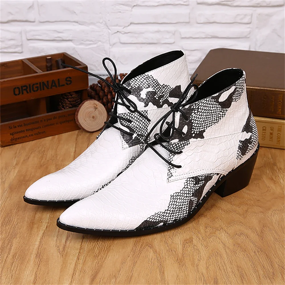 White Printing Cross-Tied Genuine Leather Thick High Heels Pointed Toe Boots Male Plus Size Fashion Party Wedding Dress Shoes
White Printing Cross-Tied Genuine Leather Thick High Heels Pointed Toe Boots Male Plus Size Fashion Party Wedding Dress Shoes
