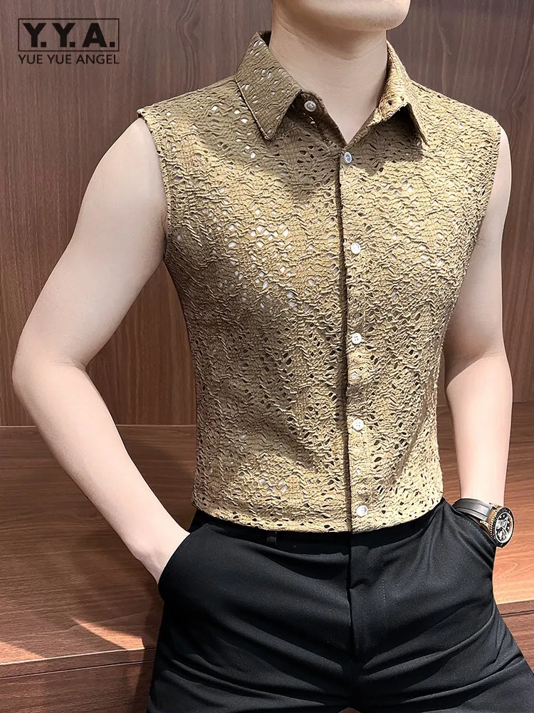 Summer Men sleeveless Vest Shirt Single Breasted Hollowed Out Casual Tops Breathable Turn Down Collar Slim Fit Male Work Shirts
Summer Men sleeveless Vest Shirt Single Breasted Hollowed Out Casual Tops Breathable Turn Down Collar Slim Fit Male Work Shirts