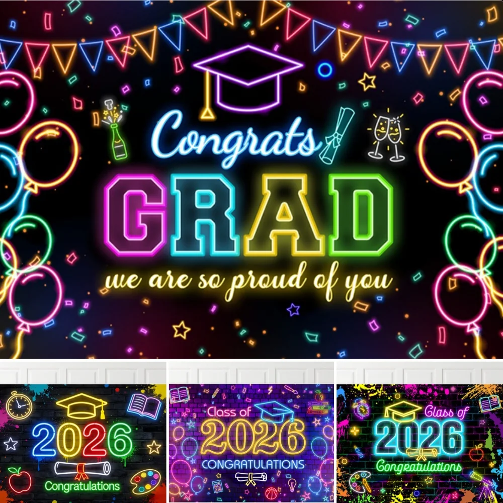 Neon Graduation 2026 Backdrop Class of 2026 Graffiti Style Photo Booth Background With Cap&Diploma Graduation Party Decoration
Neon Graduation 2026 Backdrop Class of 2026 Graffiti Style Photo Booth Background With Cap&Diploma Graduation Party Decoration
