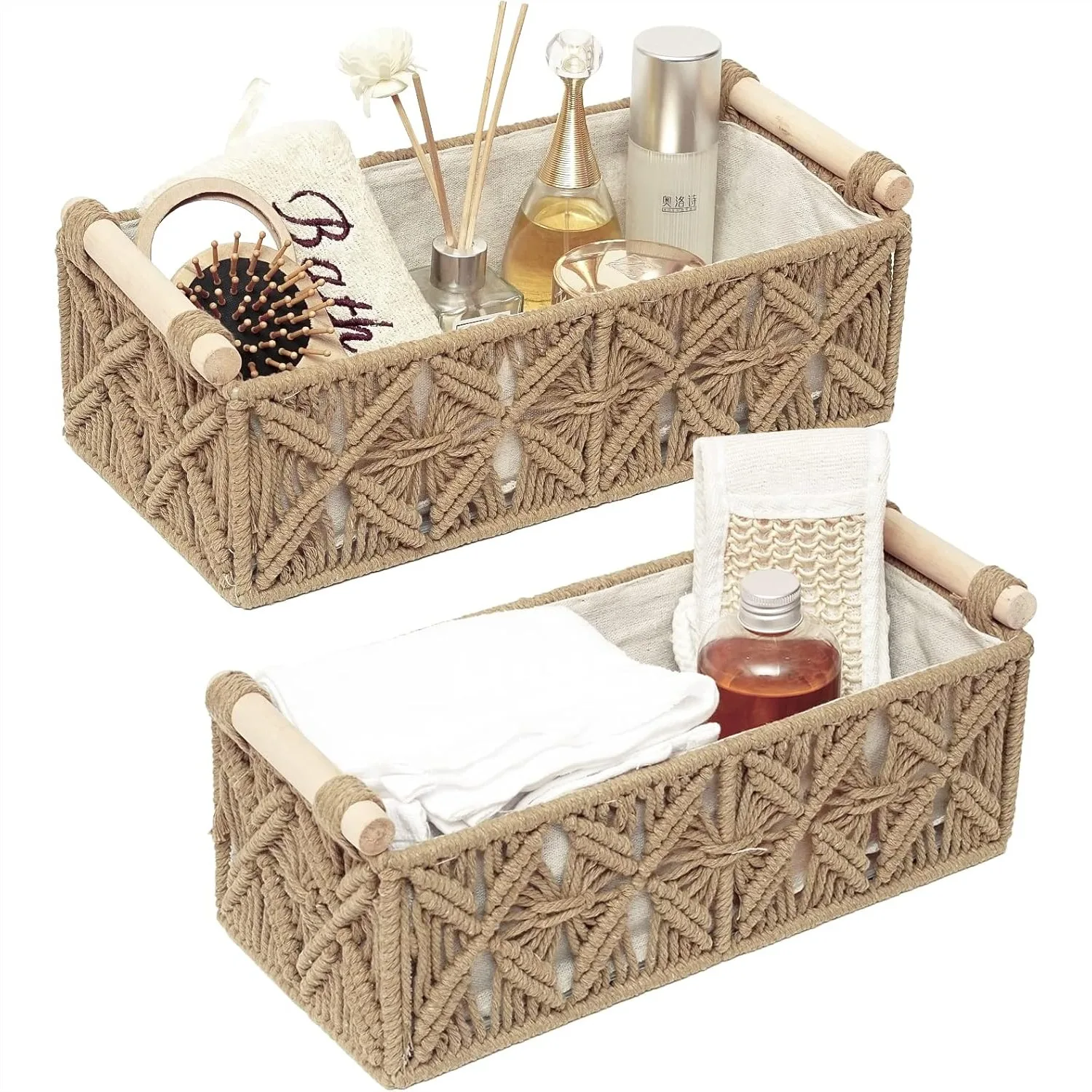 Macrame Storage Basket Set of 2, Woven Decorative Baskets for Organizing Boho Decor for Bathroom Countertop Toilet Paper Holder
Macrame Storage Basket Set of 2, Woven Decorative Baskets for Organizing Boho Decor for Bathroom Countertop Toilet Paper Holder