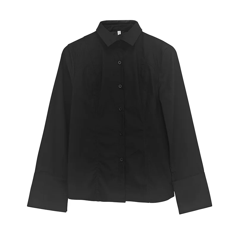 Women's Luxury Black Long Sleeve Shirt Lapel V Neck With Large Gold Cuff Buttons Elegant Business Casual Blouse For Office Work
Women's Luxury Black Long Sleeve Shirt Lapel V Neck With Large Gold Cuff Buttons Elegant Business Casual Blouse For Office Work