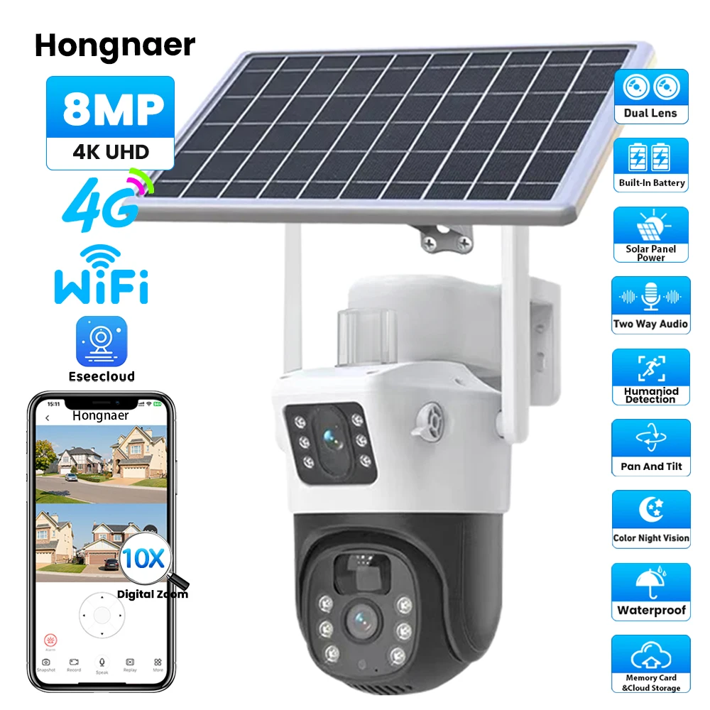 Hongnaer 8MP WiFi Solar Panel Powered Wireless PTZ Eseecloud 4K Dual Lens Waterproof 4G LTE Outdoor Security Solar CCTV Camera
Hongnaer 8MP WiFi Solar Panel Powered Wireless PTZ Eseecloud 4K Dual Lens Waterproof 4G LTE Outdoor Security Solar CCTV Camera