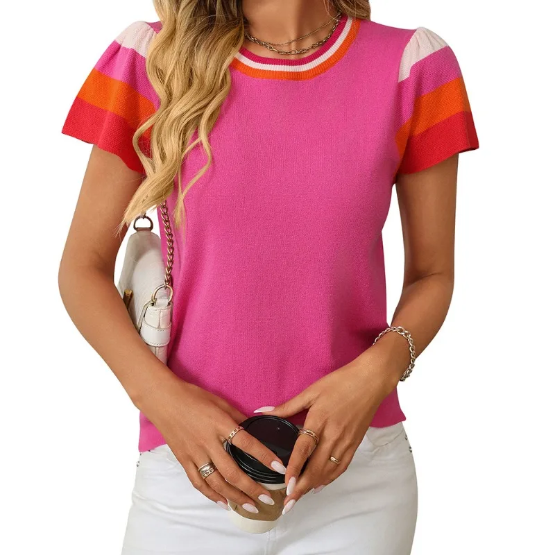 Women's Fashion Sweet Knitted Color-Blocking Top Short Sleeve 2025 Summer New Streetwear Sweater Ladies O-neck Knitteds T-shirts
Women's Fashion Sweet Knitted Color-Blocking Top Short Sleeve 2025 Summer New Streetwear Sweater Ladies O-neck Knitteds T-shirts