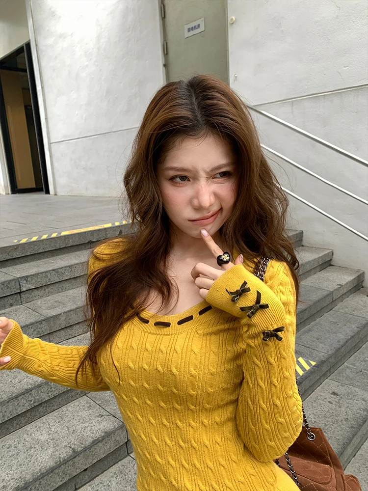 Женский свитер Mischief of Cookie Warm Tone Time U-Ne Slim Fit, вязаный, осенне-зимний, с длинными рукавами, из смесовой шерсти, повседневный топ
Женский свитер Mischief of Cookie Warm Tone Time U-Ne Slim Fit, вязаный, осенне-зимний, с длинными рукавами, из смесовой шерсти, повседневный топ