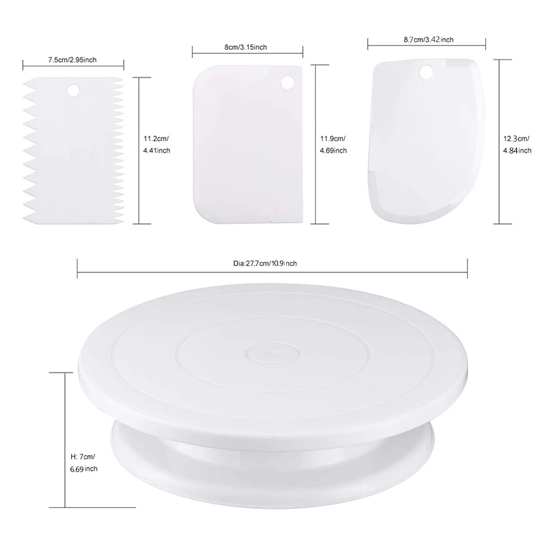 Набор из 7 предметов для украшения тортов: вращающаяся подставка для торта, лопатка для выравнивания/глажения, инструмент для выравнивания тортов.
Набор из 7 предметов для украшения тортов: вращающаяся подставка для торта, лопатка для выравнивания/глажения, инструмент для выравнивания тортов.