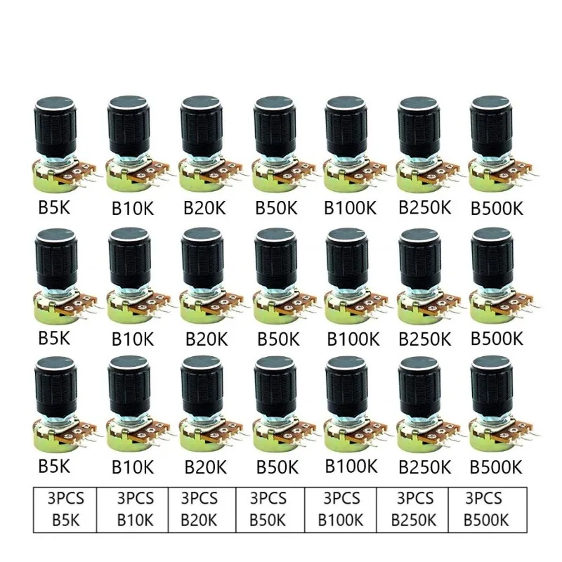 21Pcs B5K B10K B20K B50K B100K B250K B500K WH148 20MM Rotary Potentiometer Linear Potentiometer Kit with Aluminum Alloy Knobs
21Pcs B5K B10K B20K B50K B100K B250K B500K WH148 20MM Rotary Potentiometer Linear Potentiometer Kit with Aluminum Alloy Knobs