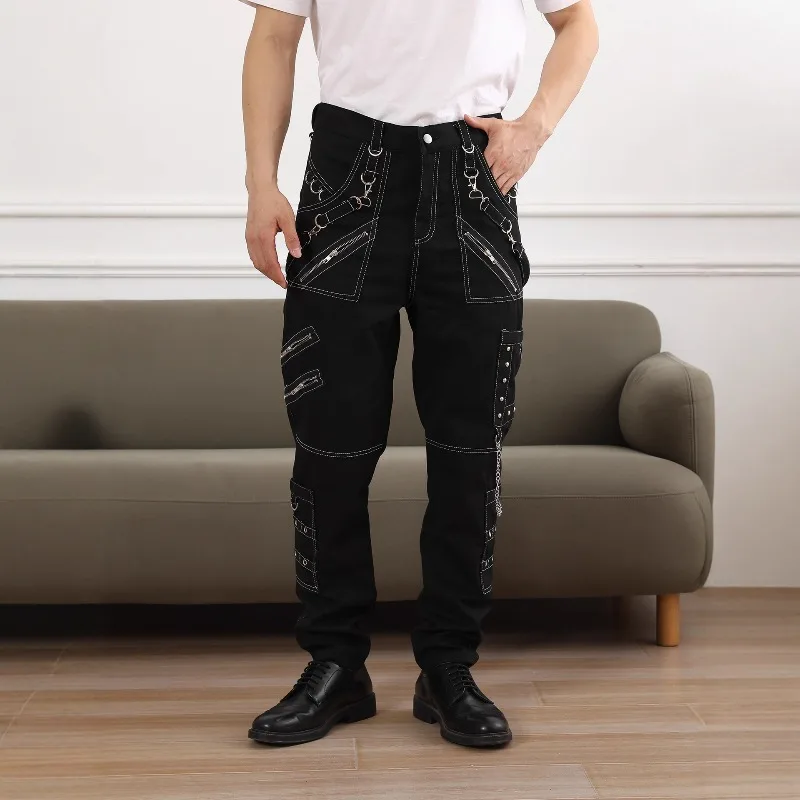 Chain Embellished Personality Slacks Men' Gothic Pants Punk Rock Perforated Cargo Pants Bondage Jean Fine Employment Information
Chain Embellished Personality Slacks Men' Gothic Pants Punk Rock Perforated Cargo Pants Bondage Jean Fine Employment Information