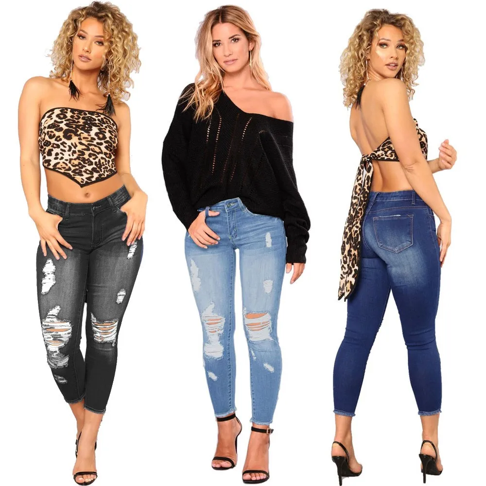 Women Jeans High Waist Skinny Cotton Denim Pants Ripped Light Blue Distressed Denim Jeans Cropped Frayed Hem Slim Fit Jeans
Women Jeans High Waist Skinny Cotton Denim Pants Ripped Light Blue Distressed Denim Jeans Cropped Frayed Hem Slim Fit Jeans