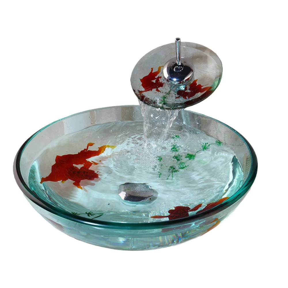 Bathroom art goldfish tempered glass washbasin with waterfall faucet mixer circular sink
Bathroom art goldfish tempered glass washbasin with waterfall faucet mixer circular sink