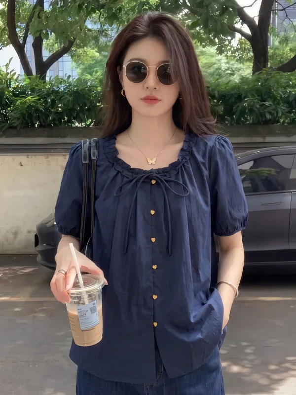 Dark Blue Short Sleeve Shirt Women's plus Size Summer New Style Korean Version Loose Fit Doll Shirt Young Looking Top
Dark Blue Short Sleeve Shirt Women's plus Size Summer New Style Korean Version Loose Fit Doll Shirt Young Looking Top