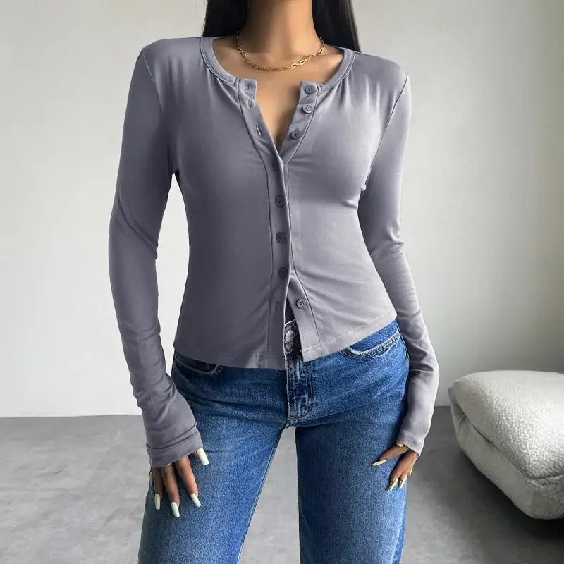Women's fashionable, simple and versatile temperament solid color cardigan single breasted long sleeved T-shirt
Women's fashionable, simple and versatile temperament solid color cardigan single breasted long sleeved T-shirt