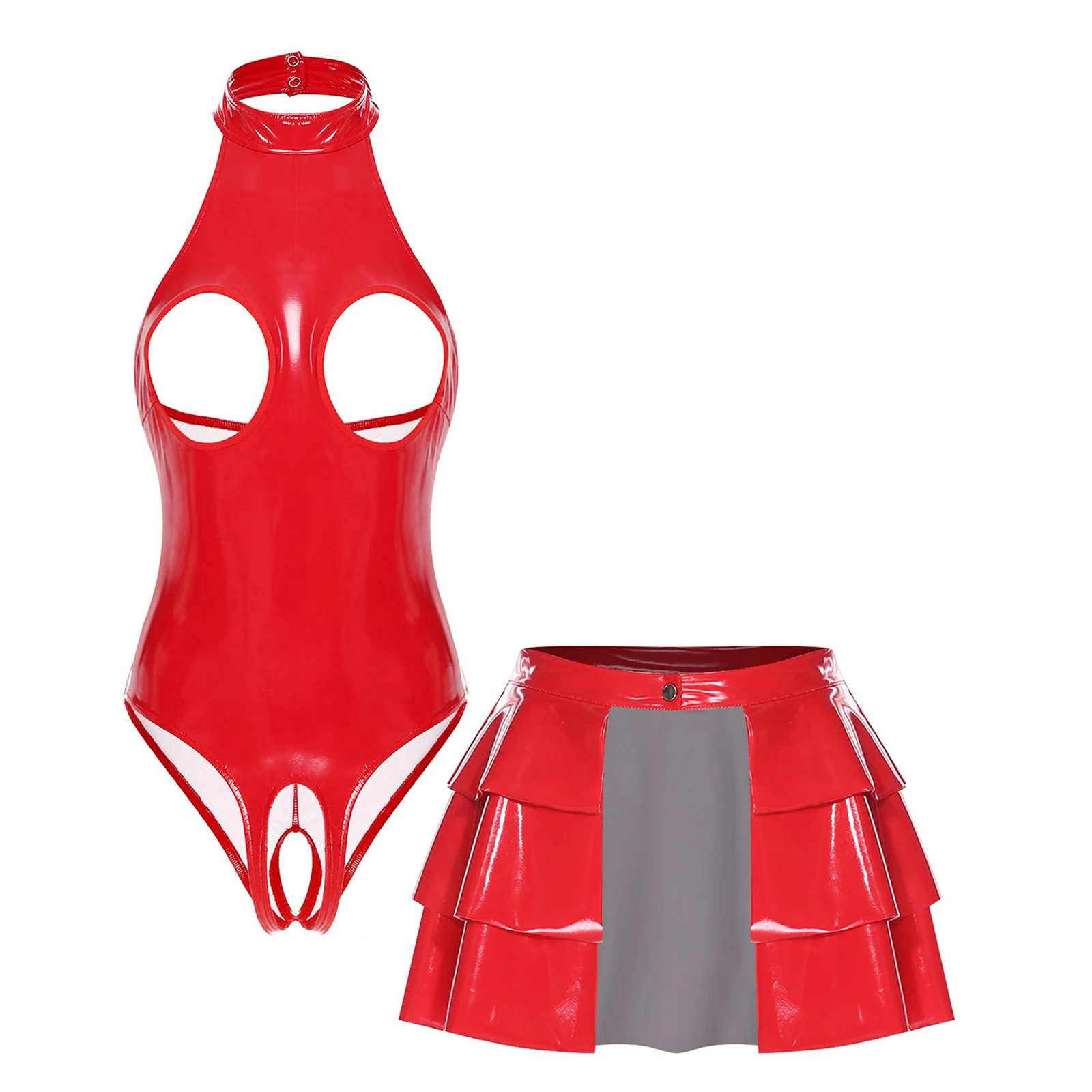 Women Glossy PU Leather Clubwear Cutout Chest Backless Open Crotch Halter Bodysuit and Open Front Tiered Ruffled Miniskirt
Women Glossy PU Leather Clubwear Cutout Chest Backless Open Crotch Halter Bodysuit and Open Front Tiered Ruffled Miniskirt