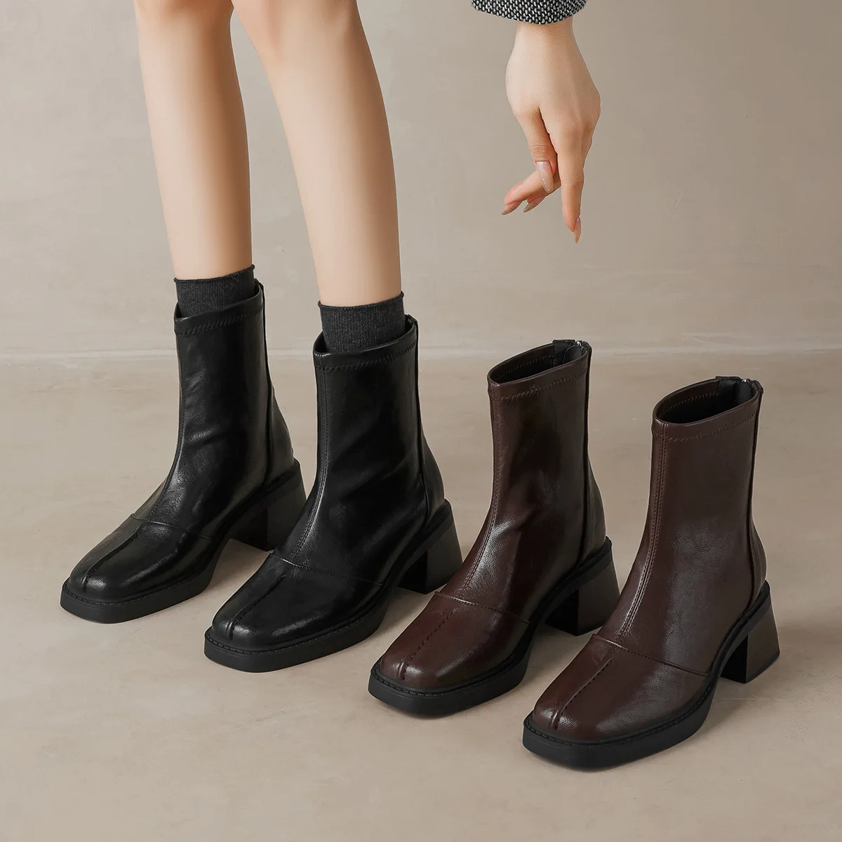 High heeled short boots for women in autumn and winter 2026 thick heel short tube square toe short boots with plush slim boots
High heeled short boots for women in autumn and winter 2026 thick heel short tube square toe short boots with plush slim boots