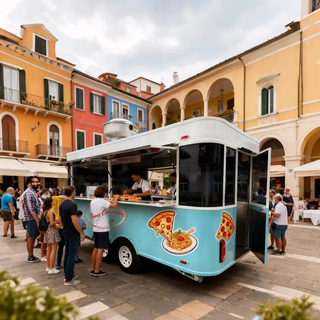 English Translation The outdoor food trailer is equipped with two large open sales windows and adopts a dual-wheel design.
English Translation The outdoor food trailer is equipped with two large open sales windows and adopts a dual-wheel design.