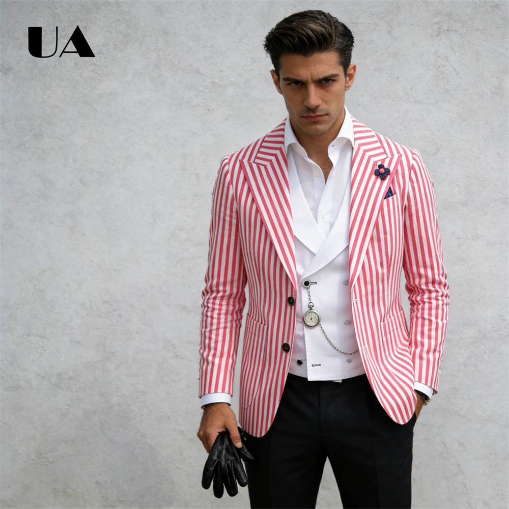 Men's Pink & White Striped Slim Fit Blazer Single-Breasted Lapel Lightweight Linen Blend Casual Office Wedding Party Summer Suit
Men's Pink & White Striped Slim Fit Blazer Single-Breasted Lapel Lightweight Linen Blend Casual Office Wedding Party Summer Suit