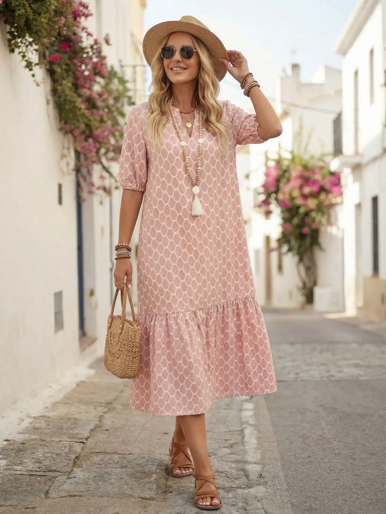 Women's Notched Neck Ruffle Hem Short Sleeve Midi Dress Summer Bohemian Sun Dress
Women's Notched Neck Ruffle Hem Short Sleeve Midi Dress Summer Bohemian Sun Dress
