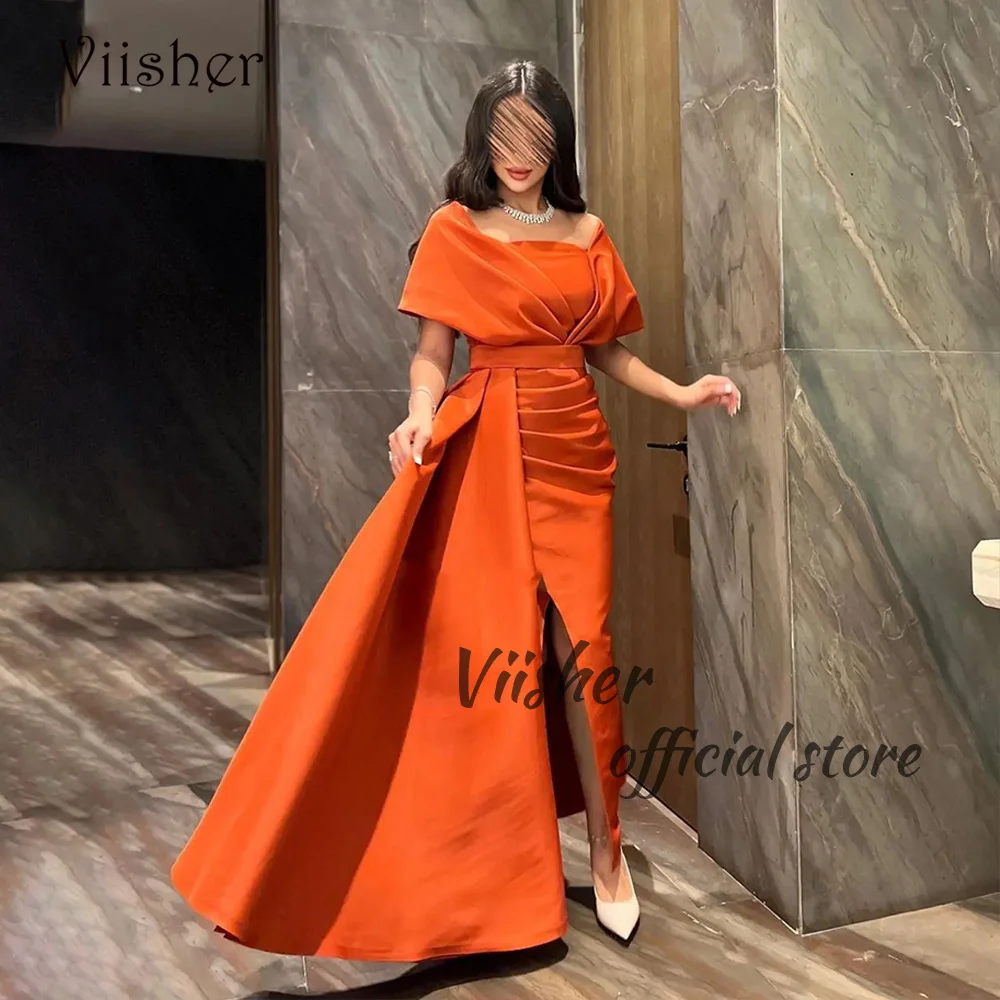 Viisher Orange Mermaid Evening Dresses Off Shoulder Pleats Satin Saudi Arabic Prom Dress with Slirt Long Formal Party Gowns
Viisher Orange Mermaid Evening Dresses Off Shoulder Pleats Satin Saudi Arabic Prom Dress with Slirt Long Formal Party Gowns