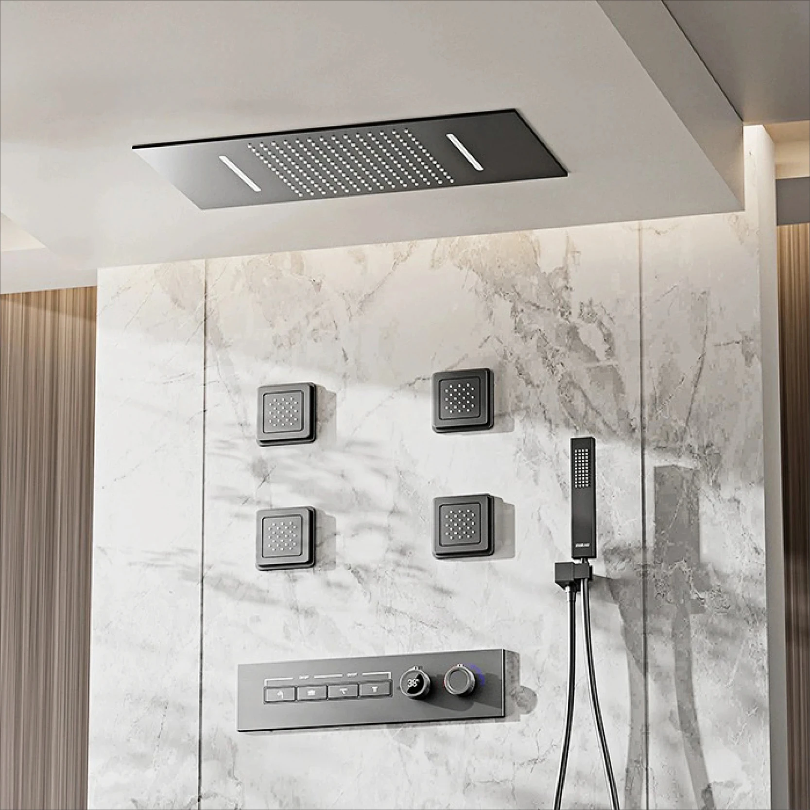 Luxury gun gray brass shower system with ceiling design Hidden LED digital display Dual control of Hot & Cold bathroom Faucet
Luxury gun gray brass shower system with ceiling design Hidden LED digital display Dual control of Hot & Cold bathroom Faucet