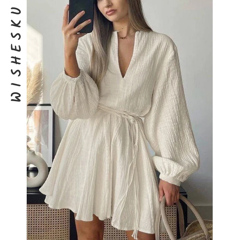 Elegant Beige Cotton Womens Dresses Fashion V-Neck Long Sleeve Lace-Up Dresses Casual Loose Pleated Mini Dress Streetwear
Elegant Beige Cotton Womens Dresses Fashion V-Neck Long Sleeve Lace-Up Dresses Casual Loose Pleated Mini Dress Streetwear