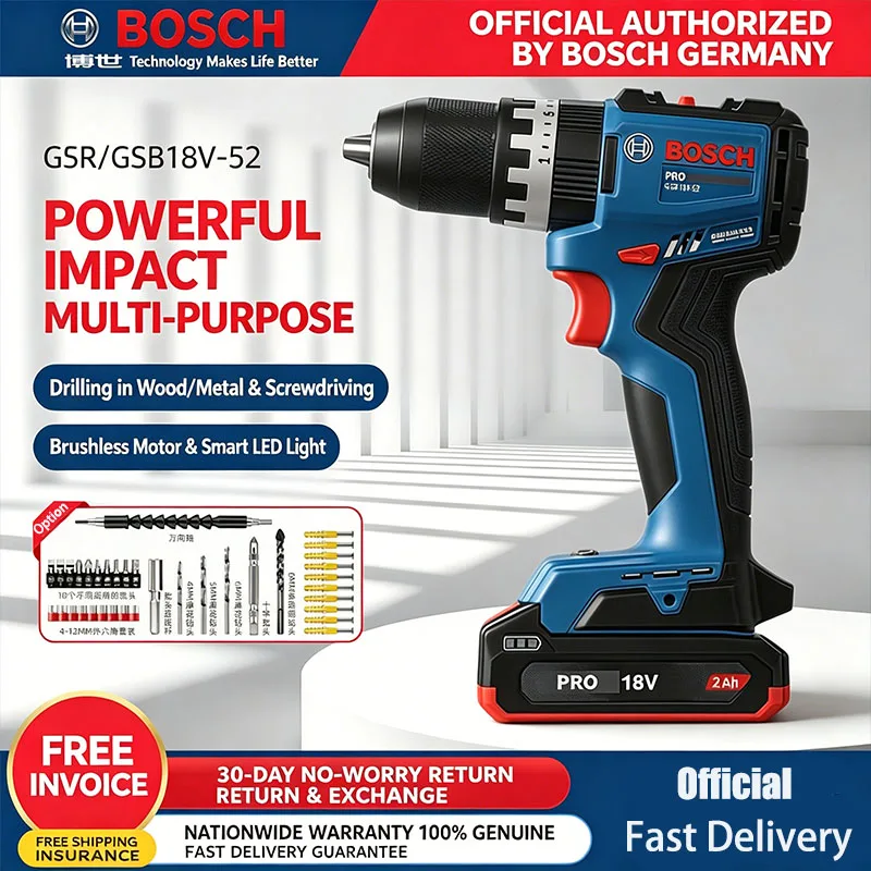 Bosch 18V GSB18V-52 Electric Drill Brushless Cordless Drill/Impact Driver–Multi-Function Lithium-Ion Electric Screwdriver Drill
Bosch 18V GSB18V-52 Electric Drill Brushless Cordless Drill/Impact Driver–Multi-Function Lithium-Ion Electric Screwdriver Drill