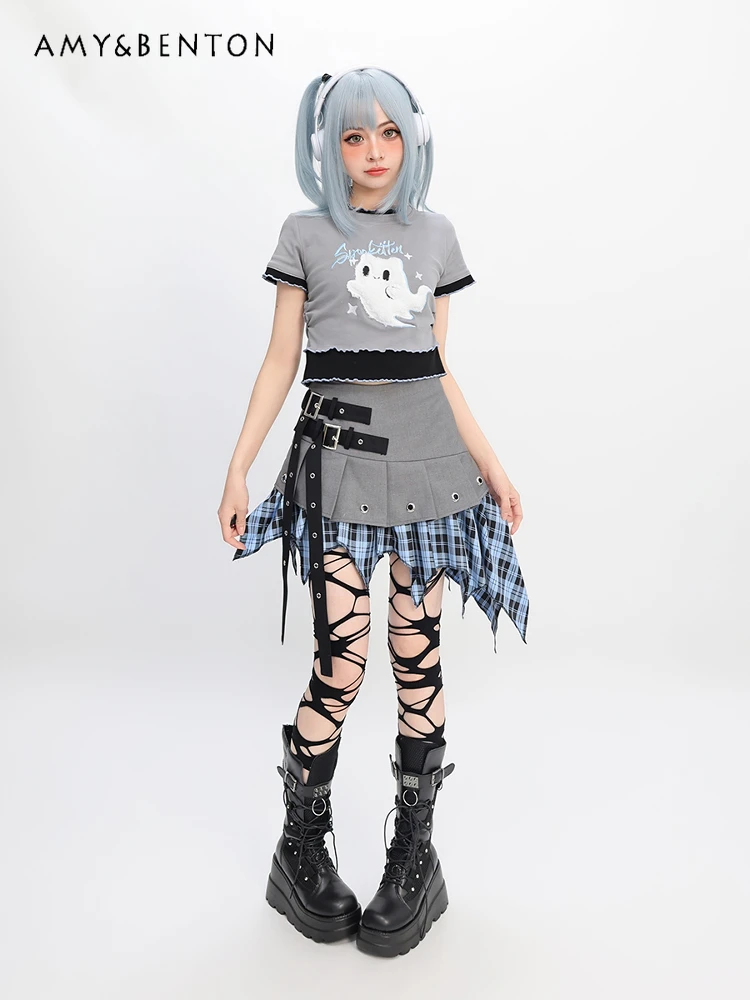 Subculture Cartoon Printing Short-sleeved Fake Two-piece Top Plaid Splicing Irregular Skirt Two-piece Set Summer Spice Girl Suit
Subculture Cartoon Printing Short-sleeved Fake Two-piece Top Plaid Splicing Irregular Skirt Two-piece Set Summer Spice Girl Suit