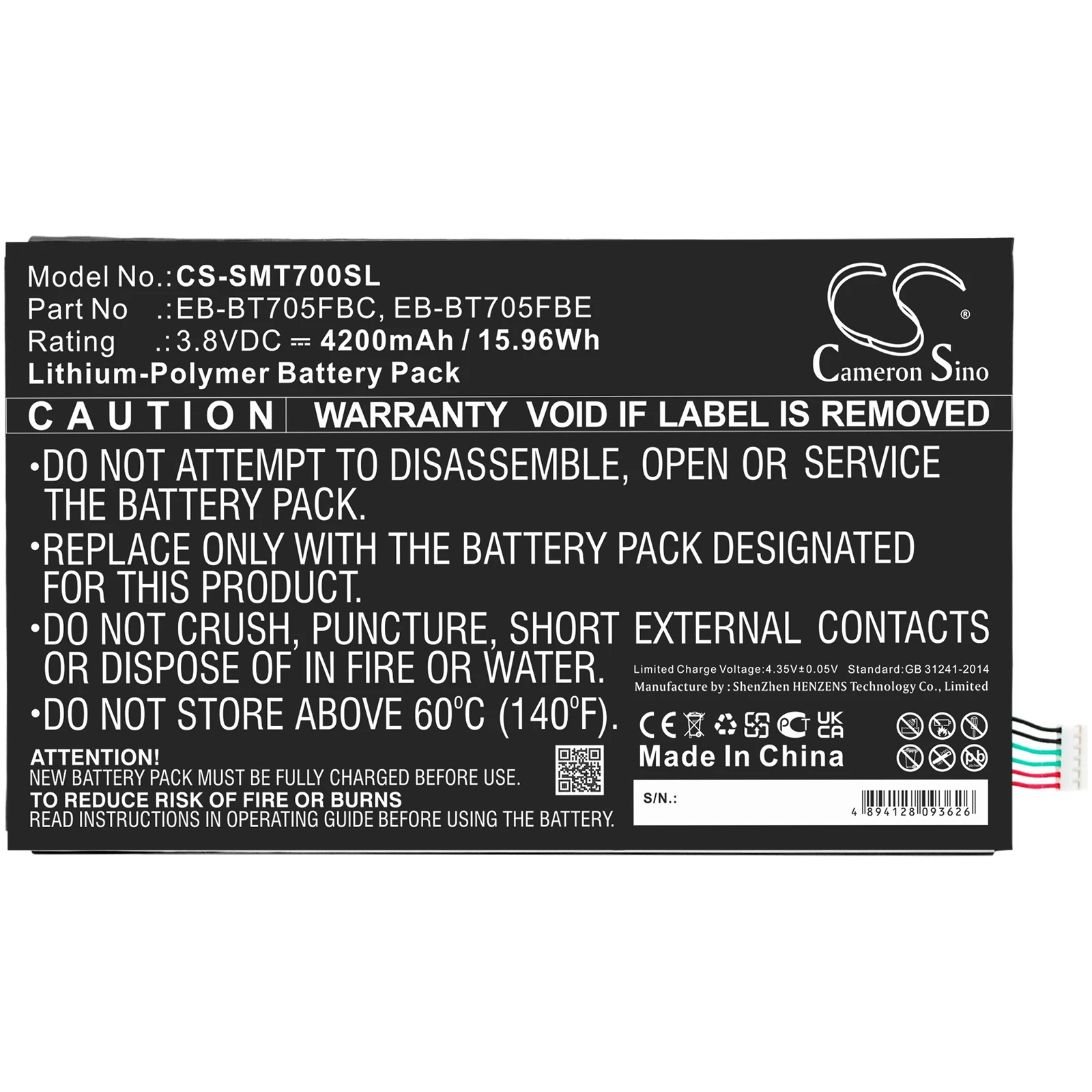 3.8v,4200mAh CameronSino Tablet Battery for Samsung,Galaxy Tab S 8.4 SM-T700 SM-T705 SC-03G Klimt,EB-BT705FBC EB-BT705FBU
3.8v,4200mAh CameronSino Tablet Battery for Samsung,Galaxy Tab S 8.4 SM-T700 SM-T705 SC-03G Klimt,EB-BT705FBC EB-BT705FBU