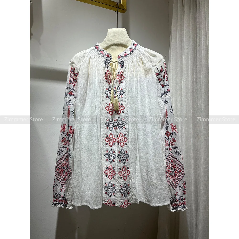 High-end niche French bohemian style geometric embroidery print v-neck tie tassel blouse blouse
High-end niche French bohemian style geometric embroidery print v-neck tie tassel blouse blouse