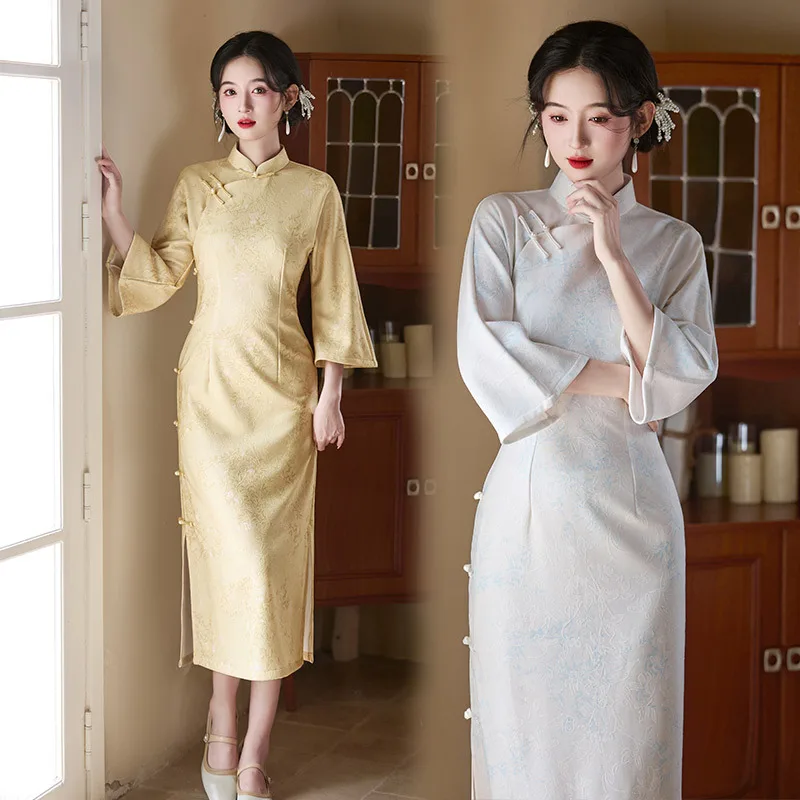 Желтый жаккардовый Cheongsam, осень 2023, новое китайское традиционное платье, элегантное Ципао с большими рукавами, большие размеры 3XL, вечернее платье
Желтый жаккардовый Cheongsam, осень 2023, новое китайское традиционное платье, элегантное Ципао с большими рукавами, большие размеры 3XL, вечернее платье