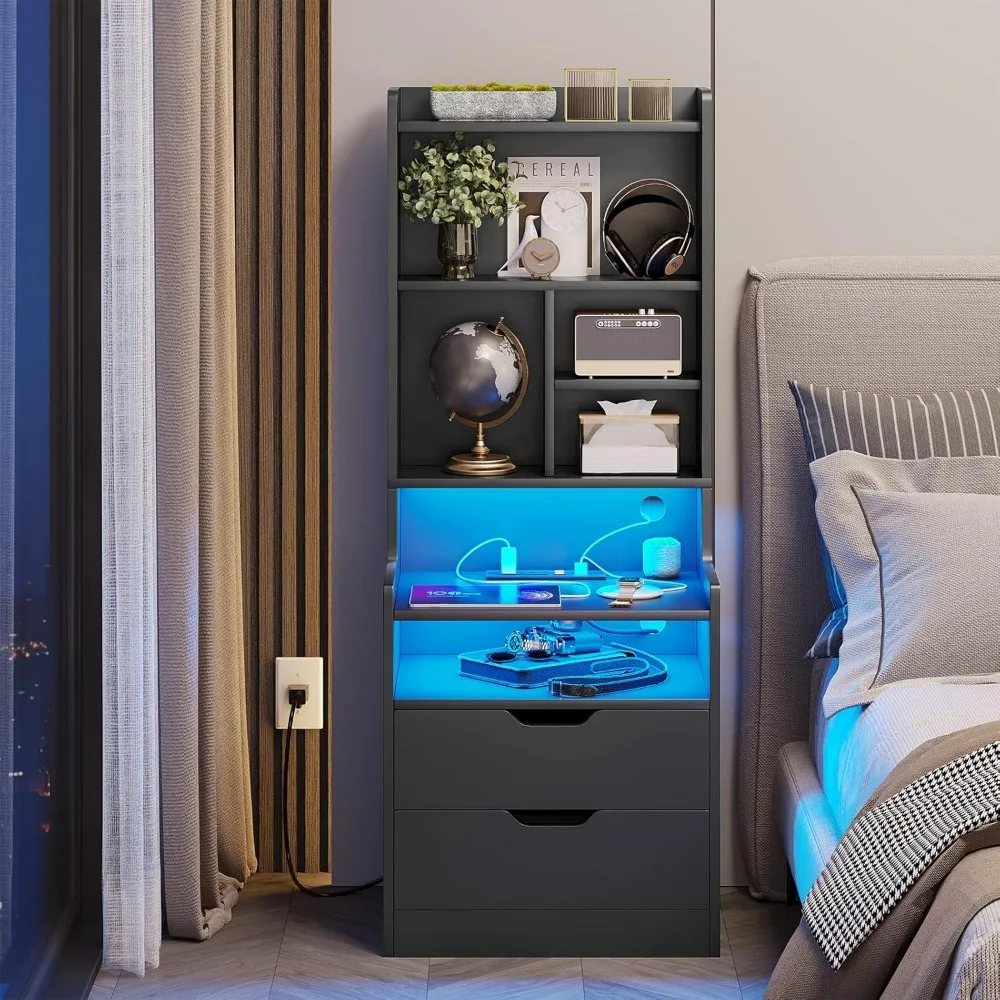 Nightstand with Shelves and 2 Drawers, Tall Nightstand with LED Lights and Charging Station, Tall Side End Table with Storage
Nightstand with Shelves and 2 Drawers, Tall Nightstand with LED Lights and Charging Station, Tall Side End Table with Storage