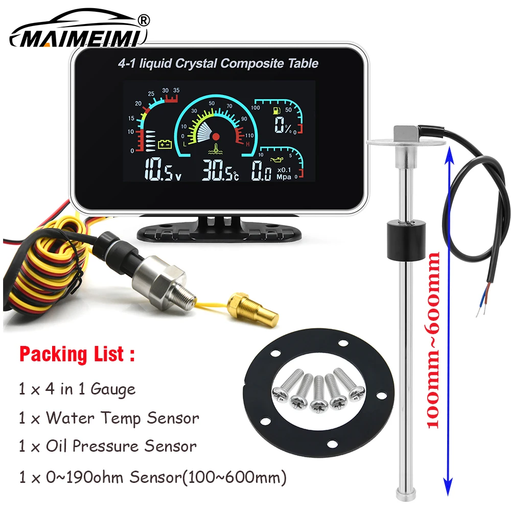 4 in 1 LCD Car Oil Pressure+Voltmeter+Water Temp+Fuel Level with 0-190 Ohm Fuel Float Level Sensor 100mm~600mm Temp&Press Sender
4 in 1 LCD Car Oil Pressure+Voltmeter+Water Temp+Fuel Level with 0-190 Ohm Fuel Float Level Sensor 100mm~600mm Temp&Press Sender
