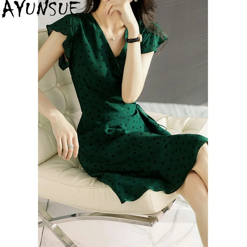 AYUNSUE Real Silk Dresses for Women Mid-length Polka Dot Green Dress Ruffle Sleeve Summer Dresses 2026 Woman Clothes Robe Femme
AYUNSUE Real Silk Dresses for Women Mid-length Polka Dot Green Dress Ruffle Sleeve Summer Dresses 2026 Woman Clothes Robe Femme