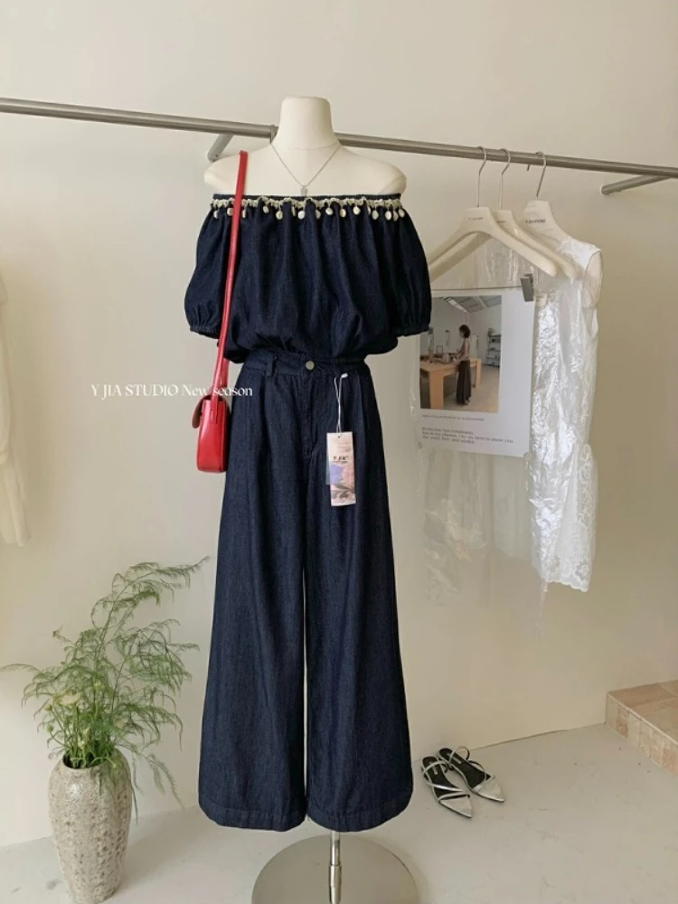 Korean style design summer women pleated one shoulder slimming shirt+high waisted straight leg wide leg jeans commute set
Korean style design summer women pleated one shoulder slimming shirt+high waisted straight leg wide leg jeans commute set