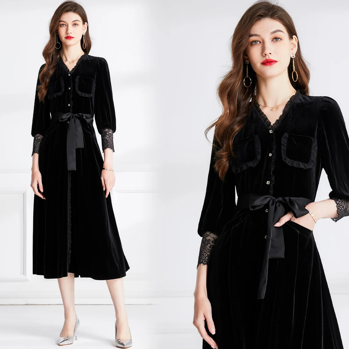 2023 New Silk Velvet French Lace Spliced Long Sleeve Dress for Women's Black V-Neck Waistband Slim Fit Golden Velvet Robe
2023 New Silk Velvet French Lace Spliced Long Sleeve Dress for Women's Black V-Neck Waistband Slim Fit Golden Velvet Robe