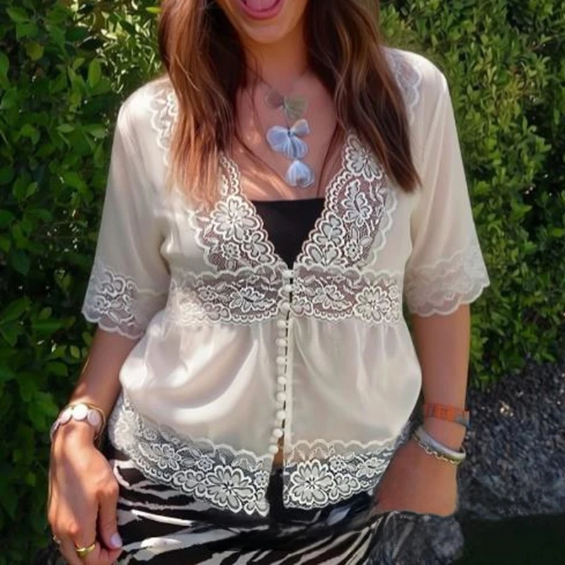 Women's Elegant Y2K V Neck Lace Trim Shirt Floral Embroidery Sheer Mesh Ruffle Short Puff Sleeve Button Down Flowy Crop Tops
Women's Elegant Y2K V Neck Lace Trim Shirt Floral Embroidery Sheer Mesh Ruffle Short Puff Sleeve Button Down Flowy Crop Tops